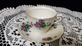 Vtg Tea Cup & Saucer Colclough - Pretty Purple Violets And Emerald Green Foliage