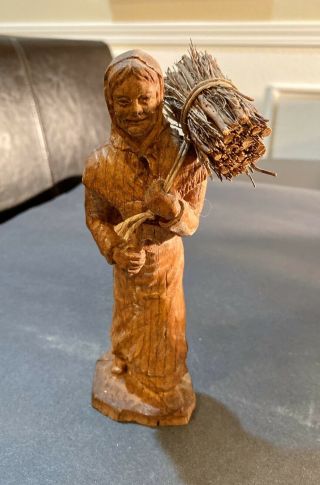 Antique Vintage Wood Carving Of Old German Woman Carrying Bundle Of Sticks