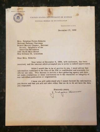 1959 J.  Edgar Hoover Signed Autographed Letter 1st Fbi Director Signature Us Doj