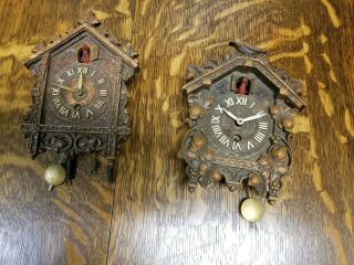 Vintage Antique Miniature Cuckoo Clocks By Lux - Usa Set Of 2 Patent Pend