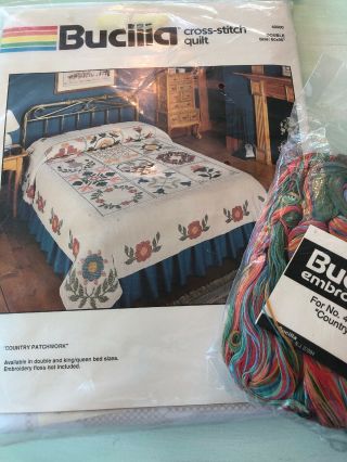 Vintage Bucilla Cross Stitch Quilt Kit Country Patchwork Full W/ Thread And Back