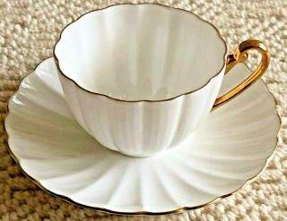 Vintage Shelley Bone China England - White Dainty Tea Cup & Saucer With Gold Tri