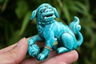 Chinese Porcelain Pottery Carved Blue Pattern Miniature Foo Dog Figure Statue