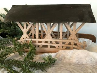 Vtg Folk Art Handmade Wood Covered Bridge With Tin Roof