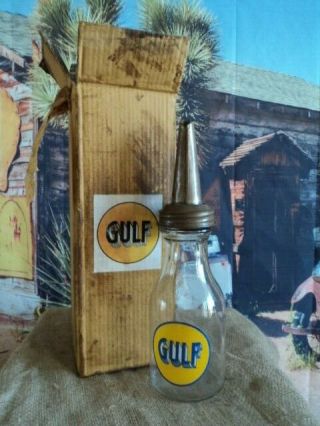 Vintage Gulf Motor Oil Bottle Quart Glass Jar And Spout Oil With Box