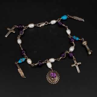 Vtg Sterling Silver - Navajo Amethyst Turquoise Feather Cross Charm Bracelet 13g