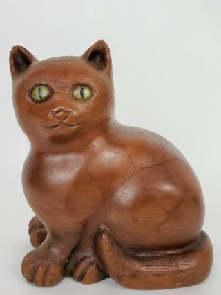 Antique Folk Art Cat Carved Wood Figure Bookened Aafa Signed Vintage