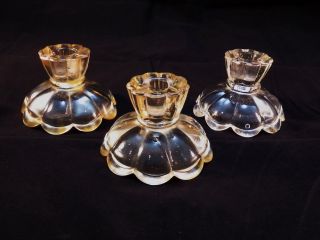 3 Vintage Art Deco Antique Heavy Ribbed Clear Glass Candle Holders