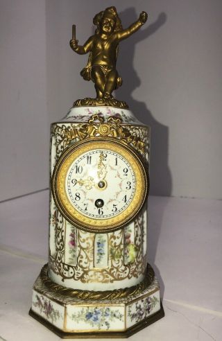 French Antique Brass Porcelain Mantle Clock Gold Leaf Cherub Angel 9” Tall