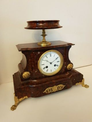 Antique French Red Marble Mantel Clock With Top Dish,  Marti Movement