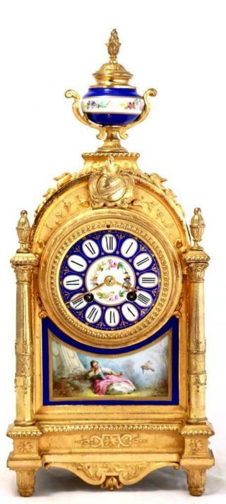 Antique Mantle Clock French Gilt Metal & Sevres Bell Striking C1880