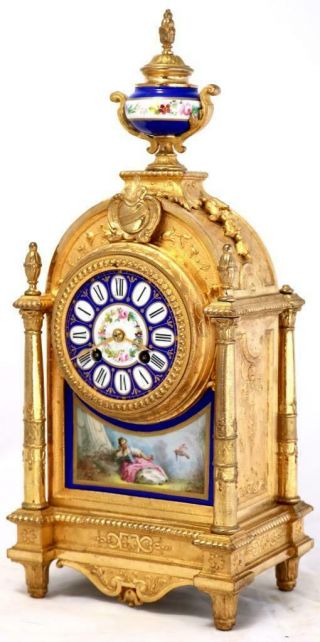 Antique Mantle Clock French Gilt Metal & Sevres Bell Striking C1880 2