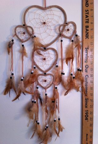 Cherokee Handmade Dream Catcher,  Tan Hearts,  Tan Feathers,  Blk & Wht Beads