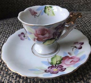 Vintage Occupied Japan Floral Demitasse Tea Cup Saucer Set Hand Painted Gold