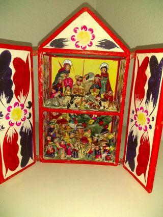 Vintage Peruvian Folk Art Retablo 36 Character Nativity Handmade Sculpture