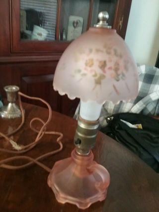 Small Boudoir Lamp Pink Satin Glass Reverse Painting On Shade