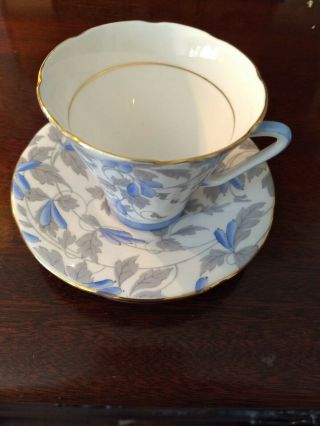 Royal Grafton English Bone China Cup & Saucer With Gray & Blue Floral Motif