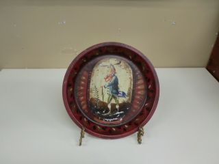 Signed Peter Ompir Folk Art Hand Painted Tin Tray Man With Walking Stick
