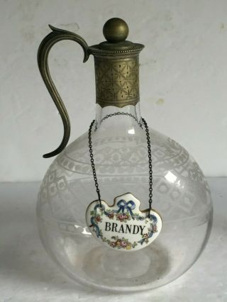 Antique Etched Engraved Blown Glass Decanter Ewer Bottle W Metal Stopper Handle