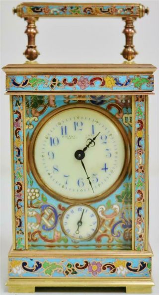 Rare Antique French 8 Day 2 Tone Brass & Champleve Enamel Carriage Alarm Clock