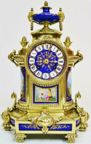 Antique French 8day Bronze Ormolu & Blue Sevres Porcelain Mantle Clock