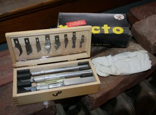 Vtg X - Acto Knife Set All Metal Wood Box No.  83 De Luxe All Metal Knife Chest