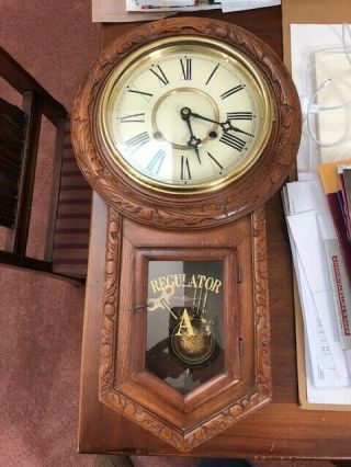 Vintage Antique Wall Clock With Oak Case And Brass Pendulum