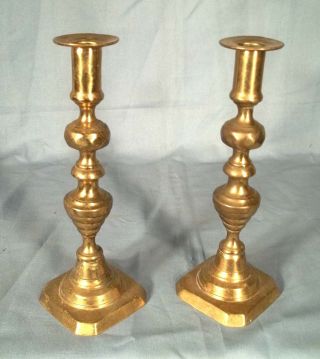 Early 19th Century Turned Brass Pushup Beehive Candle Sticks