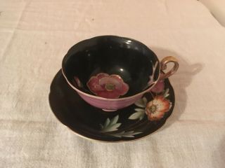 Occupied Japan Merit Tea Cup And Saucer Black & Pink / Gold Trim Hand Painted