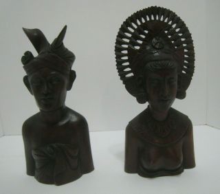 Vintage Busts Balinese Bali Indonesia Hand Carved Wood Figures Man And Woman