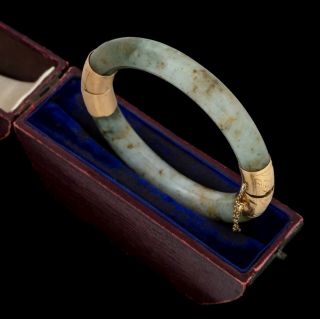 Antique Vintage Art Deco 14k Gold Chinese Jadeite Jade Hinged Bangle Bracelet