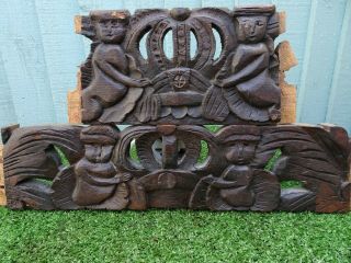 Pair: Gothic 19thc Wooden Oak Relief Carvings With Putti Figures C1820s