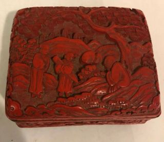 Vintage Antique Asian Chinese Carved Red Cinnabar Lacquer Trinket Box 4”x3.  25”