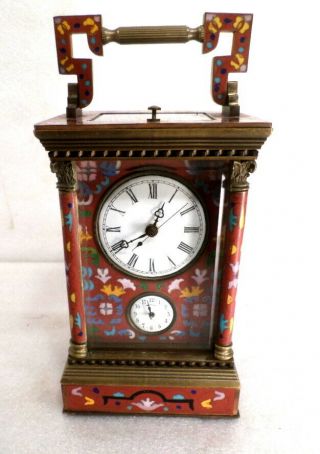 Cloisonne Carriage Clock With Porcelain Dial And Glass On All Four Sides