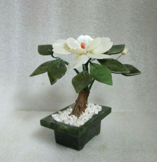 Vintage Chinese Export Mother Of Pearl Green Jade Bonsai Tree Celadon Pot Tiny