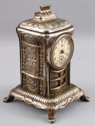 Antique Miniature Reliable Parlor Stove Bronze Bank Clock Schneider Trenkamp