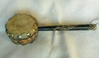 Antique Vintage Rattle Drum Carved Wood Hand Held Music Instrument
