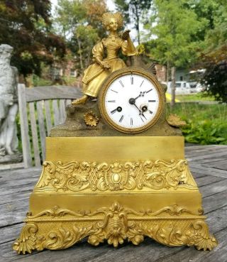 Antique 19th C Fine Gilt Bronze Neo Classical Style Mantle Clock W Seated Lady