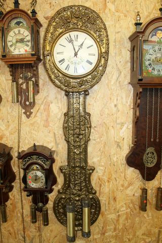 Old Wall Clock Comtoise 2 Weight Chimes Clock In Brass Big Pendulum