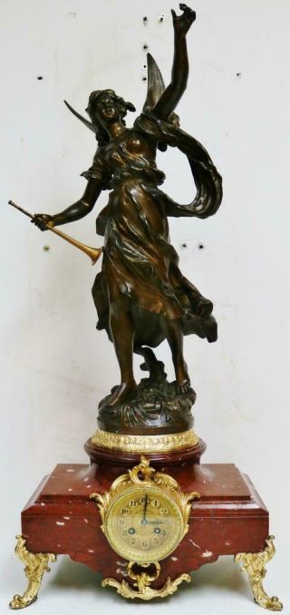 Huge Antique French 8 Day Striking Red Marble With Angel Figurine Mantel Clock