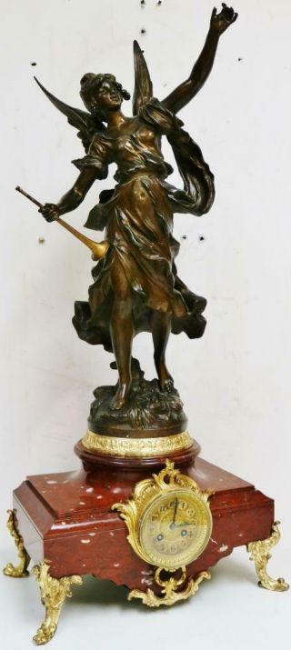 Huge Antique French 8 Day Striking Red Marble With Angel Figurine mantel Clock 2