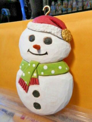 Christmas Snow Man Hand Carved Wood Figure With Hanger