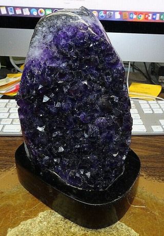 Large Amethyst Crystal Cluster Geode From Uruguay Cathedral W/ Wood Stand