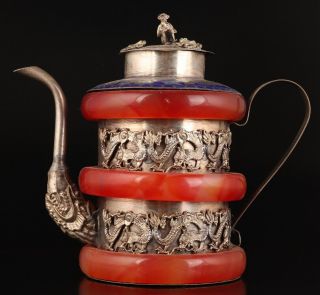 CHINA TIBET SILVER JADE TEAPOT KETTLE DRAGON MASCOT HOME DECORATION OLD 2
