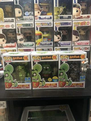 Funko Pop Rat Fink Sdcc 2019 Complete Set Of 3 Glow And Green And Grey Chrome
