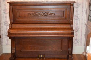 Ornate Lindeman Upright Piano Burled Walnut With Carving Finish