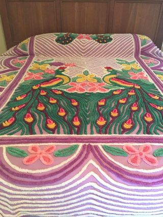 Vintage Chenille Peacock Bedspread Colorful & Thick