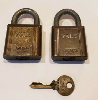 2 Vintage Brass Yale Padlock Locks With 1 Key