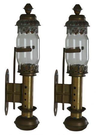 2 Antique 19th Century Brass Carriage Lantern Wall Sconces Train Coach Oil Lamp