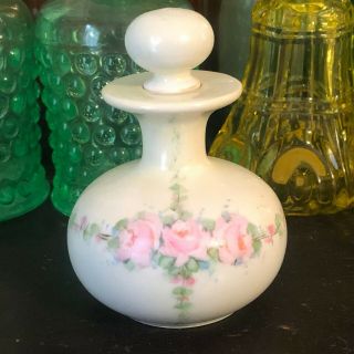 Antique Vtg Perfume Bottle Porcelain Painted Pink Roses Signed R&s Germany